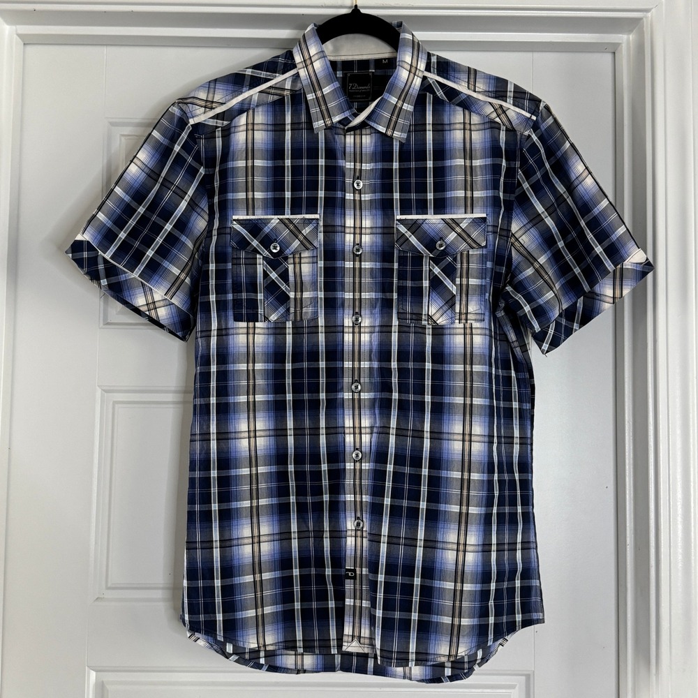 7 Diamonds Button Down Shirt Mens Medium Blue Plaid Short Sleeve Contrast Piping